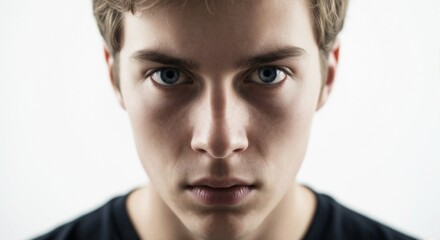 Obraz premium Close-up portrait of a young man with an intense gaze. Serious male model with blue eyes looking directly at the camera on a white background