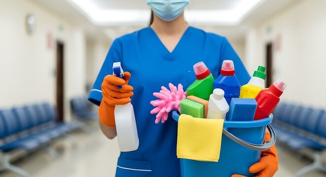 Healthcare worker in blue scrubs and mask holding cleaning supplies and bucket in hospital hallway