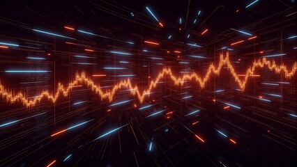 Futuristic digital stock market visualization with glowing neon graphs candlestick charts and financial graph