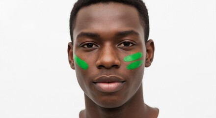 Portrait of a young Black man with green face paint stripes. Confident sports fan looking at the camera on a white background
