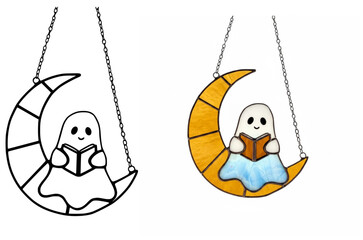 Stained Glass Ghost on Crescent Moon | Cute Halloween Window Hanging Suncatcher Decor