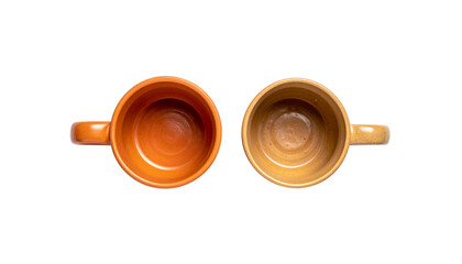 Two terracotta mugs rustic ceramic cups for coffee or tea isolated on transparent background
