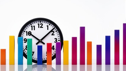 A creative concept of time and data, a large analog clock with black numbers and hands is overlaid on colorful 3D bar graphs.