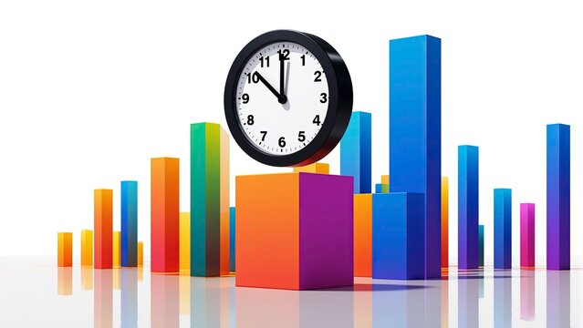 A creative concept of time and data, a large analog clock with black numbers and hands is overlaid on colorful 3D bar graphs.