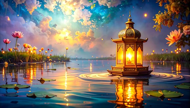 Magical lantern on a serene lake