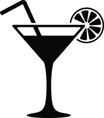Black cocktail glass with straw and citrus slice on transparent background silhouette