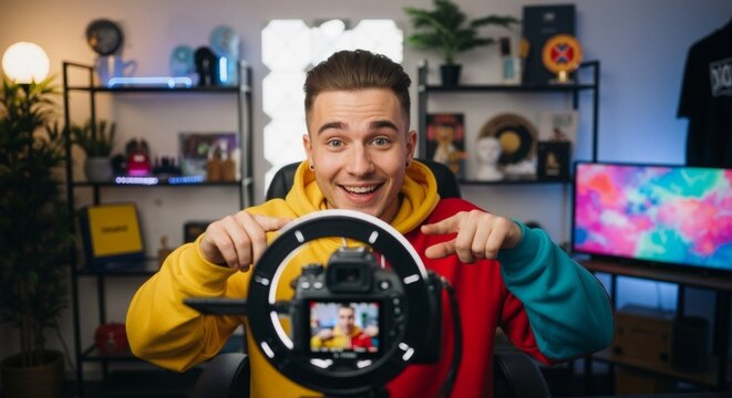 Happy male vlogger recording a video with a camera and ring light. Enthusiastic content creator smiling in a home studio. Social media influencer concept