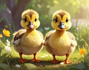 Two adorable ducklings in a sunny garden setting.  Cute, fluffy, and happy