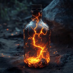 Dark Bottle Filled With Glowing Lightning on Embers  high resolution   for isolate image