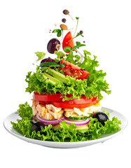 Fresh vegetable salad splash isolated on white background