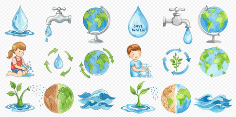 A collection of watercolor illustrations depicting water conservation, environmental protection, and sustainability concepts with globes, water drops, taps, children, and plants.