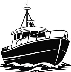 Detailed fishing boat illustration in black and white on transparent background silhouette