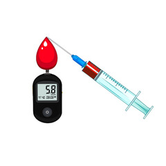 A drop of blood from a syringe falling into a diabetes meter, symbolizing glucose testing and health care.
