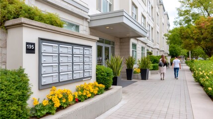 Couple walking towards modern apartment building entrance