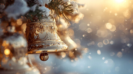 Golden Christmas Bells with Sparkling Decorations and Festive Lights