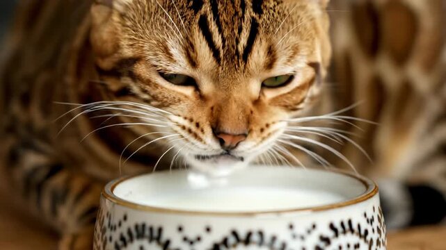 Bengal cat drinking milk from a bowl close up. Pet animal concept for veterinary and food promotion video.