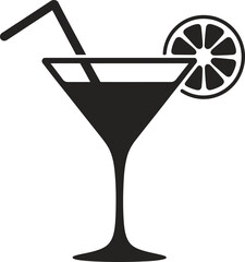 Black cocktail glass with citrus slice and straw on transparent background silhouette