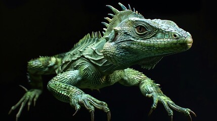Obraz premium Green iguana reptile with sharp spines poses on a dark background.