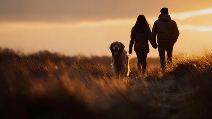 A couple walks hand in hand with their golden retriever dog through a grassy field at sunset
