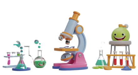 3d icon of cartoon science lab with microscope and beakers isolated on transparent background cute laboratory scene