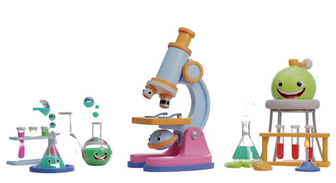 3d icon of cartoon science lab with microscope and beakers isolated on transparent background cute laboratory scene - Powered by Adobe