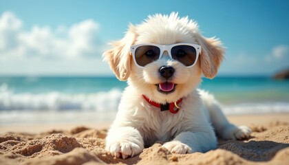 Cute white puppy in stylish sunglasses lies on warm sandy beach. Little dog relaxes near blue ocean water under clear sunny sky. Happy small pet wears red collar, smiles brightly. Funny animal enjoys