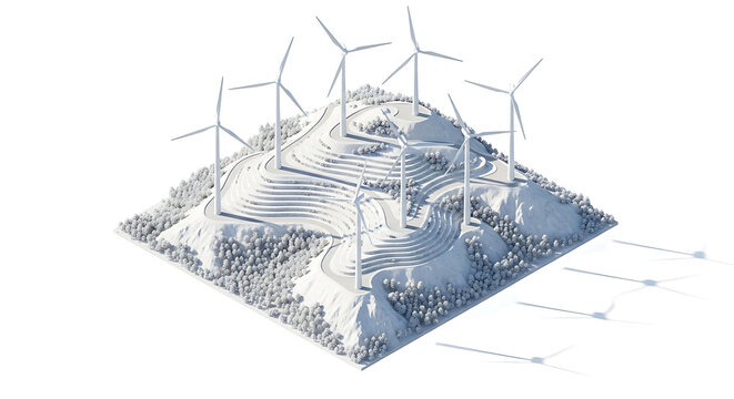 Sustainable energy generation depicted with a white and gray diorama of wind turbines on a hilly landscape, illustrating renewable power