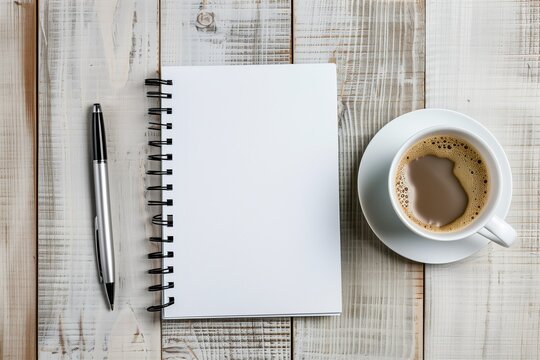 Top-down flat lay of blank spiral notebook on wooden desk, pen and coffee beside, minimal lifestyle scene mockup.