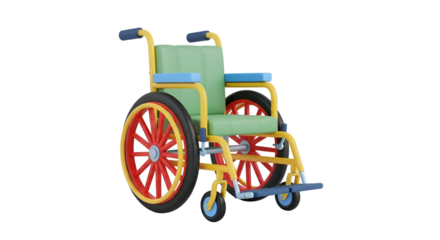 3d icon of colorful toy wheelchair with red wheels isolated on transparent background, a fun and playful mobility aid for kids