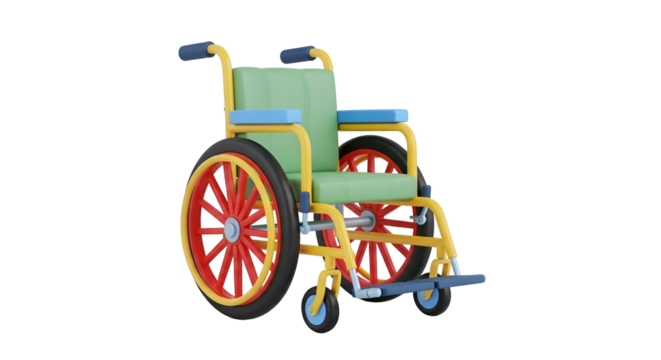 3d icon of colorful toy wheelchair with red wheels isolated on transparent background, a fun and playful mobility aid for kids - Powered by Adobe