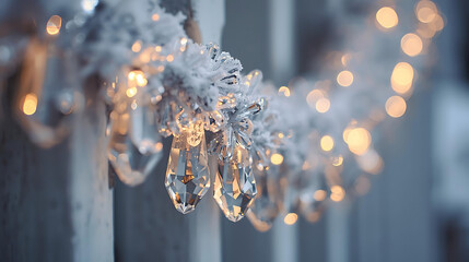 Frosted Pine Branches with Crystal Ice Decorations in Winter Light