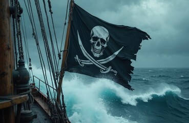 Pirate flag flaps on mast in sea storm. Skull and crossbones symbol flies over ocean waves. Old sailing vessel rocks in danger during sea adventure at wild gale.