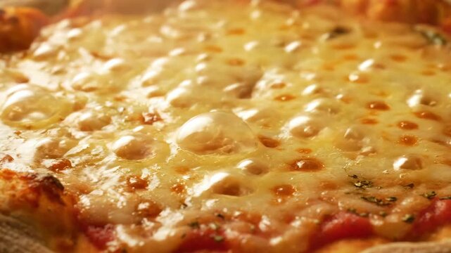 Delicious melted cheese bubbling on a hot pizza. Warm food cooking at a restaurant, close up view footage.