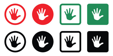 Set of vector stop hand icons in red, green, and black. Circle and square backgrounds. Minimal, modern design for app interface use. Isolated on white. 