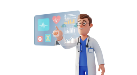 3d icon of cartoon doctor using futuristic digital screen with medical data isolated on transparent background, healthcare concept