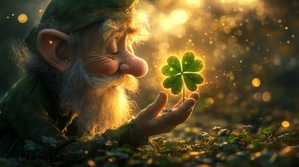 A leprechaun gently holds a glowing four leaf clover