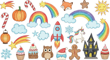 Fototapeta premium Vector art of whimsical collection of holiday and fantasy elements like pumpkins, rainbows, unicorns, and gingerbread man