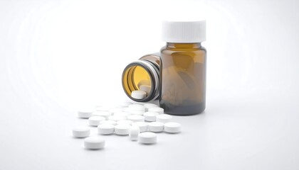 Two amber glass medication bottles with white pills scattered