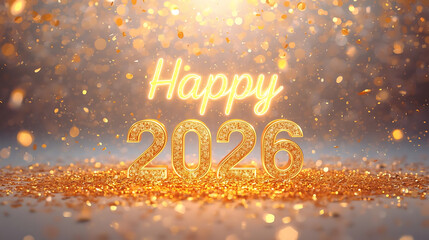 Glowing Golden Happy 2026 Text with Festive Sparkling Background