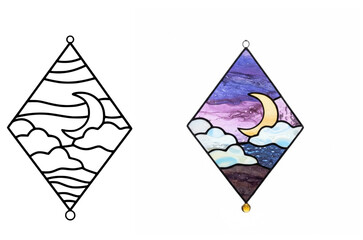 Stained Glass Crescent Moon and Clouds | Night Sky Window Hanging Suncatcher Decor