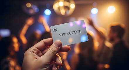 Hand holding a vip access card at a crowded nightclub with disco ball