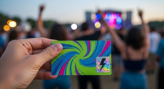 Hand holding a colorful, psychedelic ticket at an outdoor music festival - Powered by Adobe
