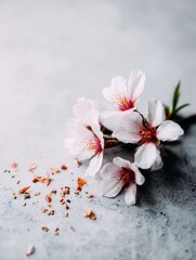 Cherry blossom petals on gray background