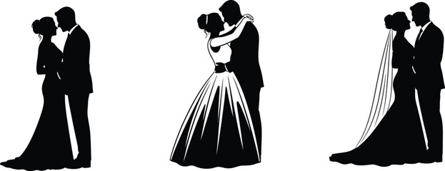 Set of three elegant black silhouettes of a bride and groom in romantic wedding poses on a white background.