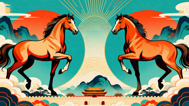 Two Horses Reflect Sunset, Year of the Horse Auspicious