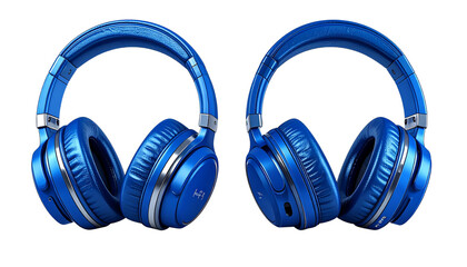  Pair of stylish blue wireless headphones collection isolated on transparent background