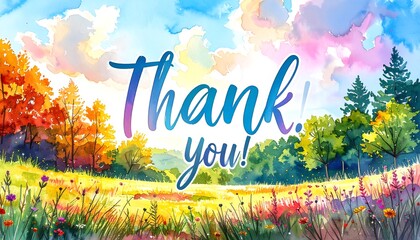 Watercolor thank you card with a colorful autumn landscape