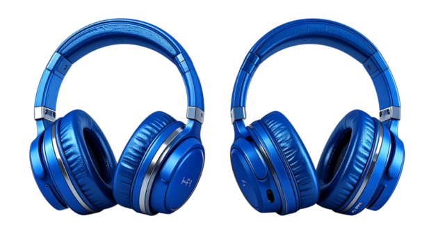  Pair of stylish blue wireless headphones collection isolated on transparent background