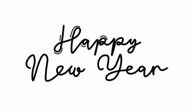 Happy new year Hand drawn calligraphy monoline vintage text on background. Calligraphy lettering animation video Full HD,One line continuous animated typography intro outro black type on white