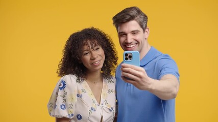 Happy Young Couple Talking Camera As Video Call, Record Vlog As Bloggers - Powered by Adobe